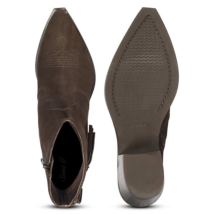 Saint Manon Brown Suede Leather Fringe Ankle Boots