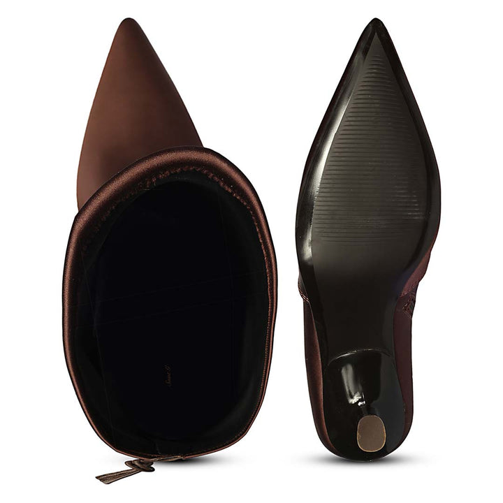 Saint Primrose Brown Stretch Satin Above The Knee Boots