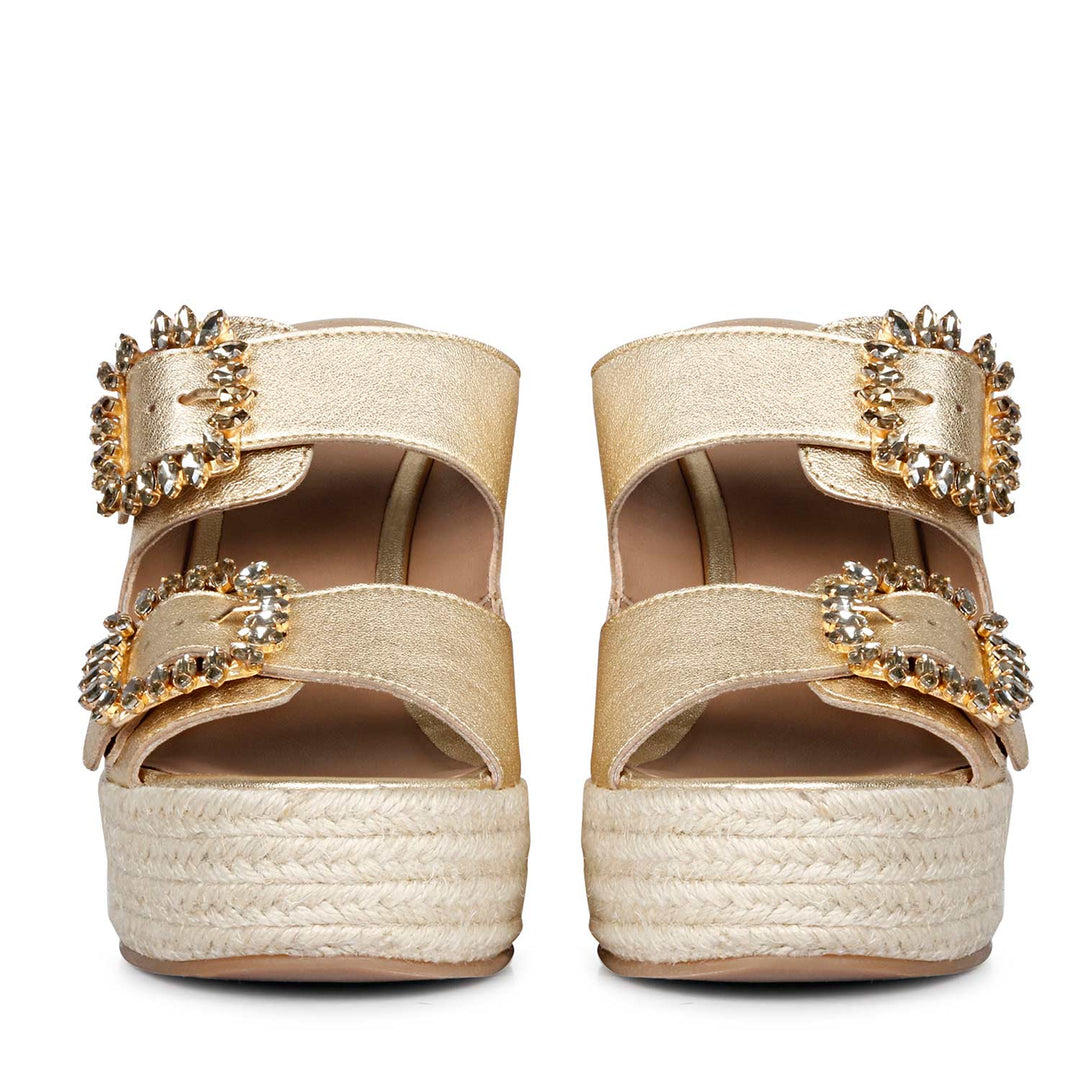 Saint Floriana Stone Embellished Gold Metallic Leather Wedge