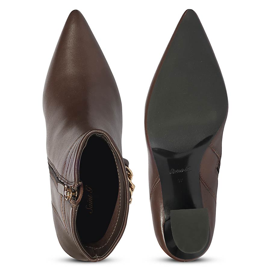 Saint Madelyn Brown Leather Chain Decor Pointed Toe Ankle Boots