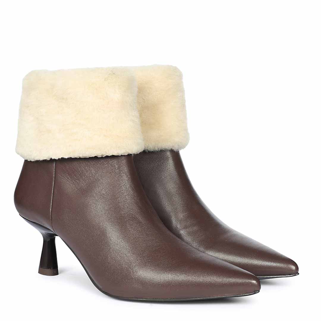 Saint Marvella Fur Cuff Brown Leather Ankle Boots, A gift for her