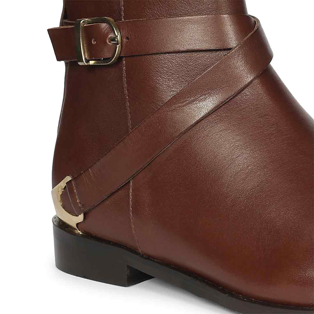 Saint Cathie Buckle Decor Brown Leather Ankle Boots