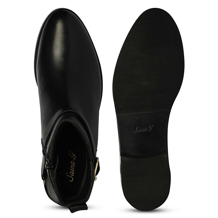 Saint Cathie Buckle Decor Black Leather Ankle Boots