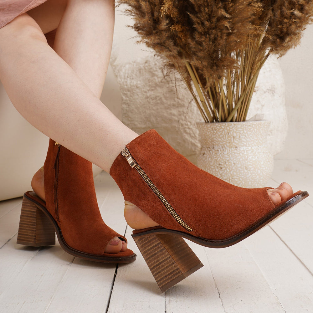 Tan Suede Leather High Ankle Block Heels for women
