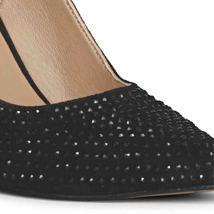 Elegant black leather heels with Alyssa crystal accents