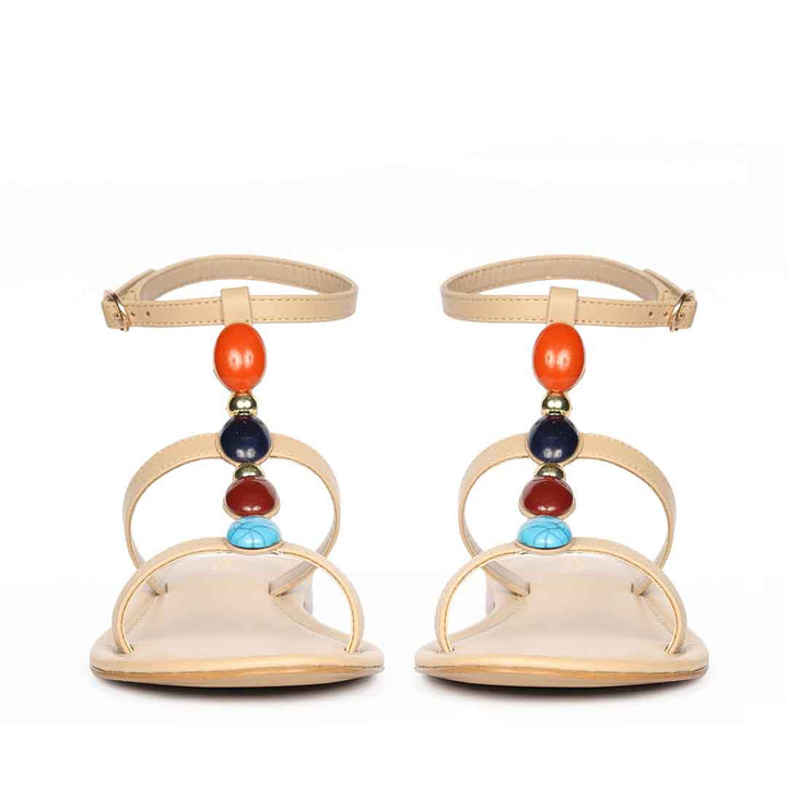 Saint Tyas Multi Stone Beige Leather Sandals