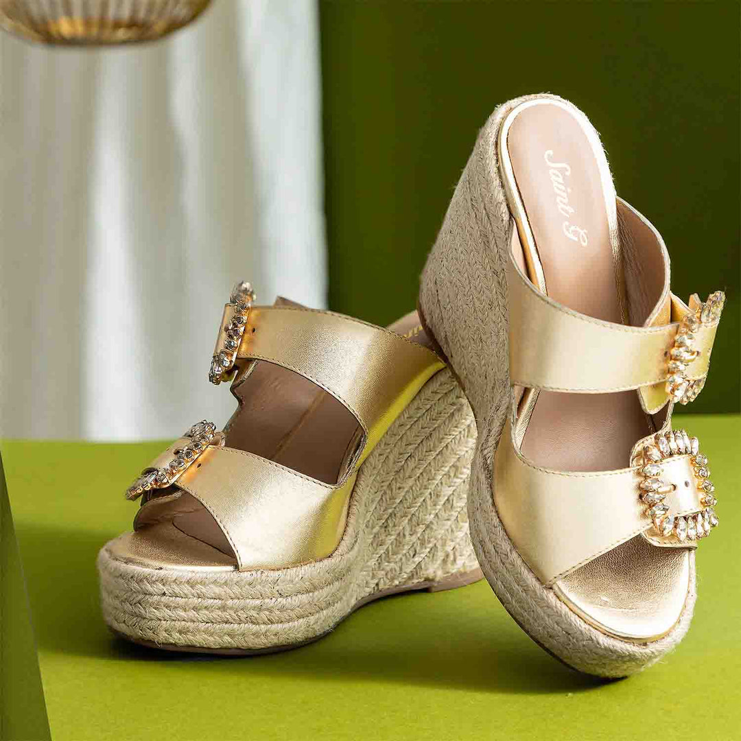 Saint Floriana Stone Embellished Gold Metallic Leather Wedge