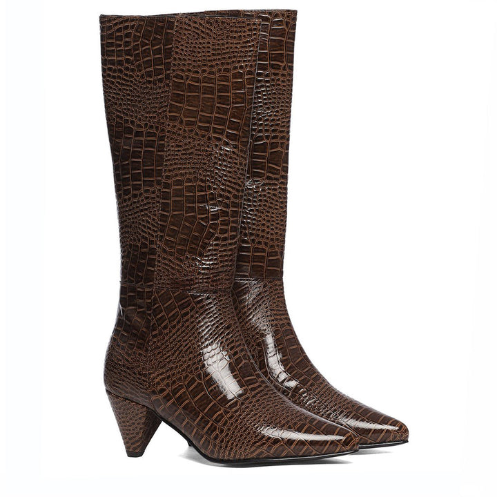 Saint Enora Croco Embossed Brown Calf Length Boots