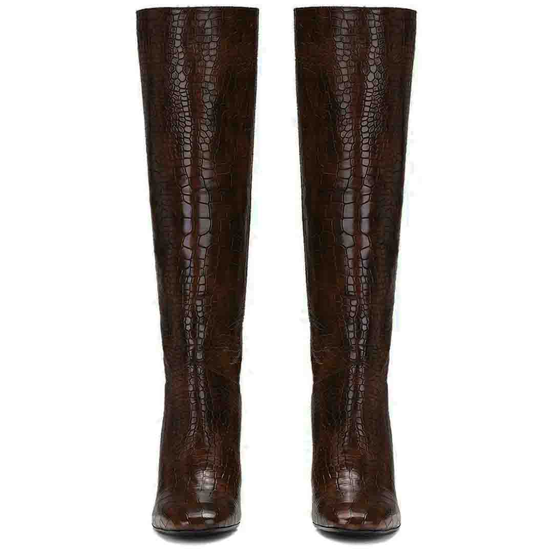 Saint Emily Brown Croco Vegan Leather Knee High Boots