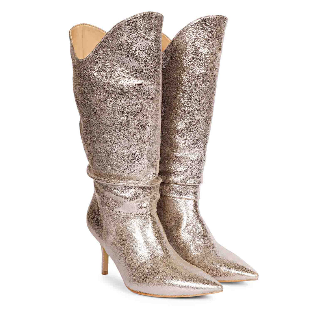 Saint Nayeli Silver Metallic Leather Calf Length Slouch Boots