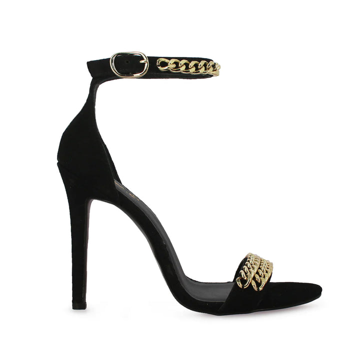 Gold Chain Detail Black Leather Stiletto Heels and Pumps For Women