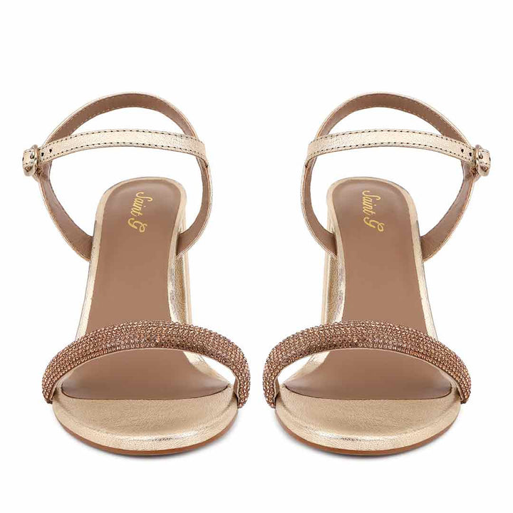 Saint Gracie Strass Embellished Metallic Gold Leather Block Heels