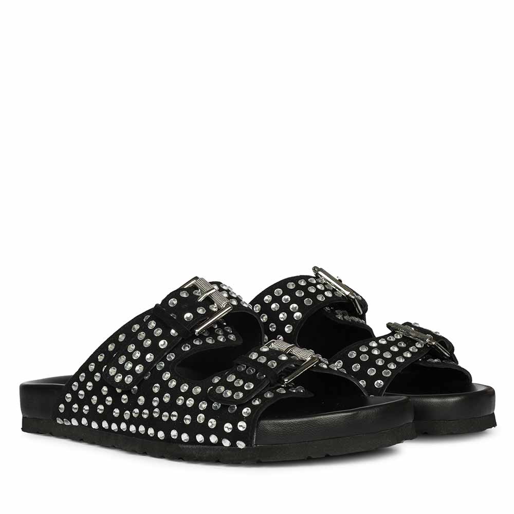 Saint Heidi Silver Strass Black Leather Flats