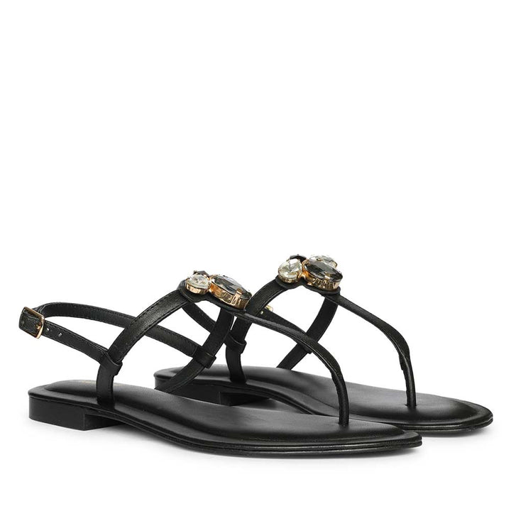 Stone embellished black sandals women
