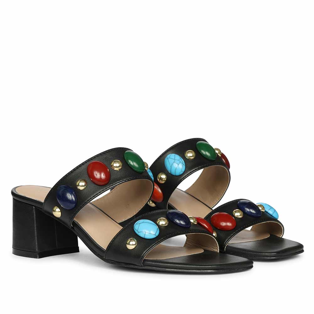 Multi-Stone Embellished Black Heel Sandals