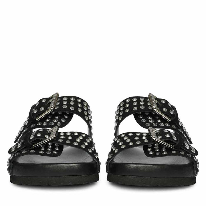Saint Heidi Silver Strass Black Leather Flats