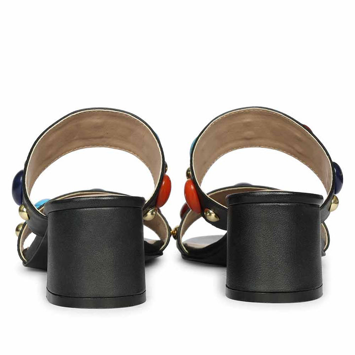 Women's Black Leather Block Heel Sandals