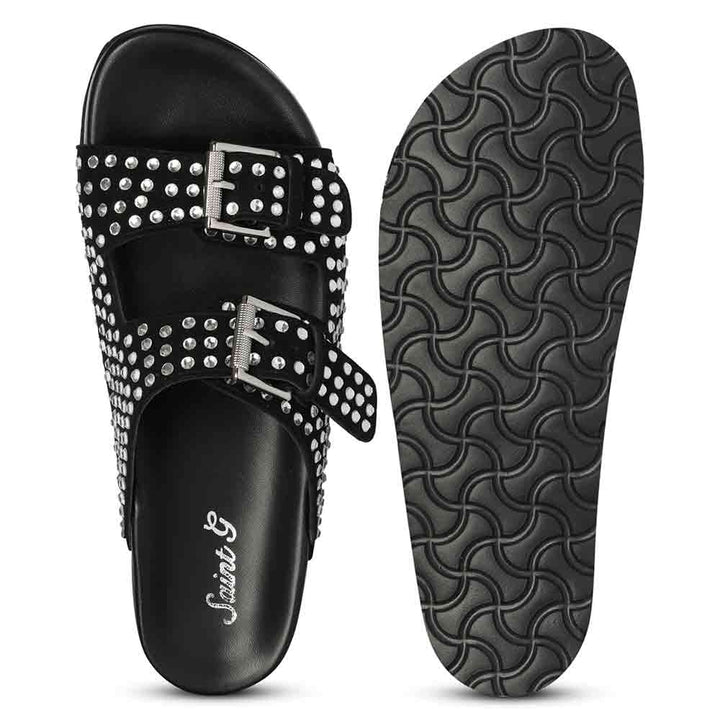 Saint Heidi Silver Strass Black Leather Flats
