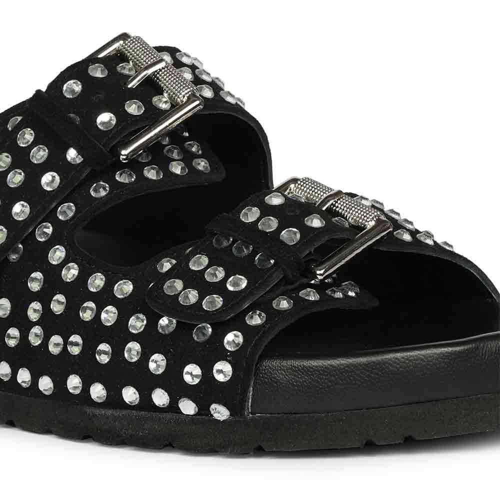 Saint Heidi Silver Strass Black Leather Flats