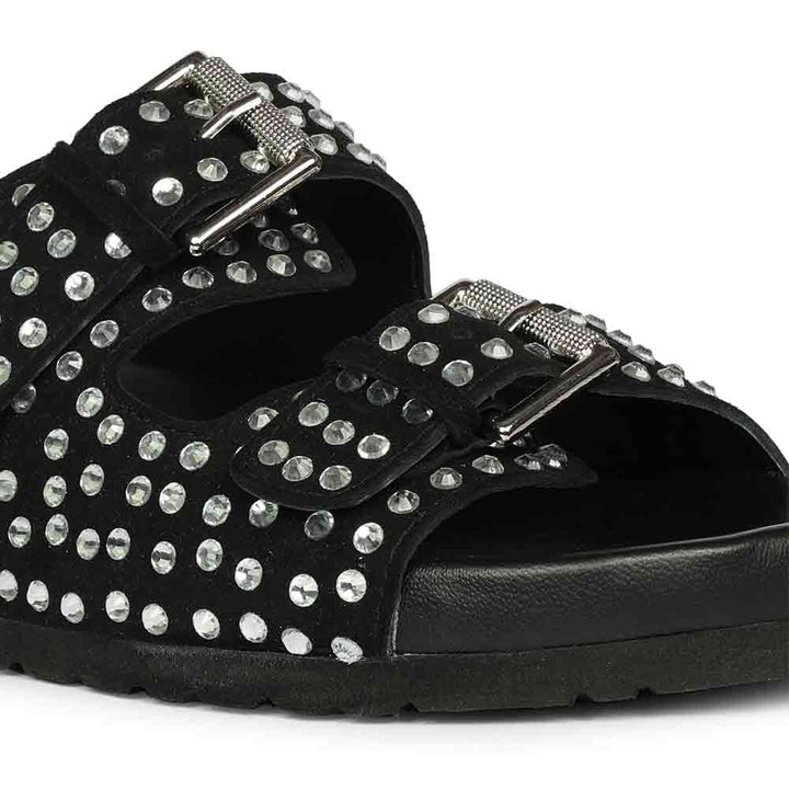 Saint Heidi Silver Strass Black Leather Flats