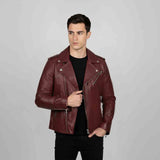 Saint Fabio Men Burgundy Leather Biker Style Jackets