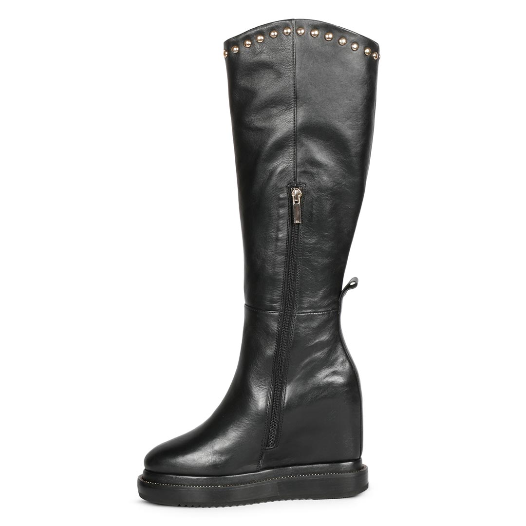 Saint Adelmo Studded Black Leather Inside Wedge Heel Long Boots