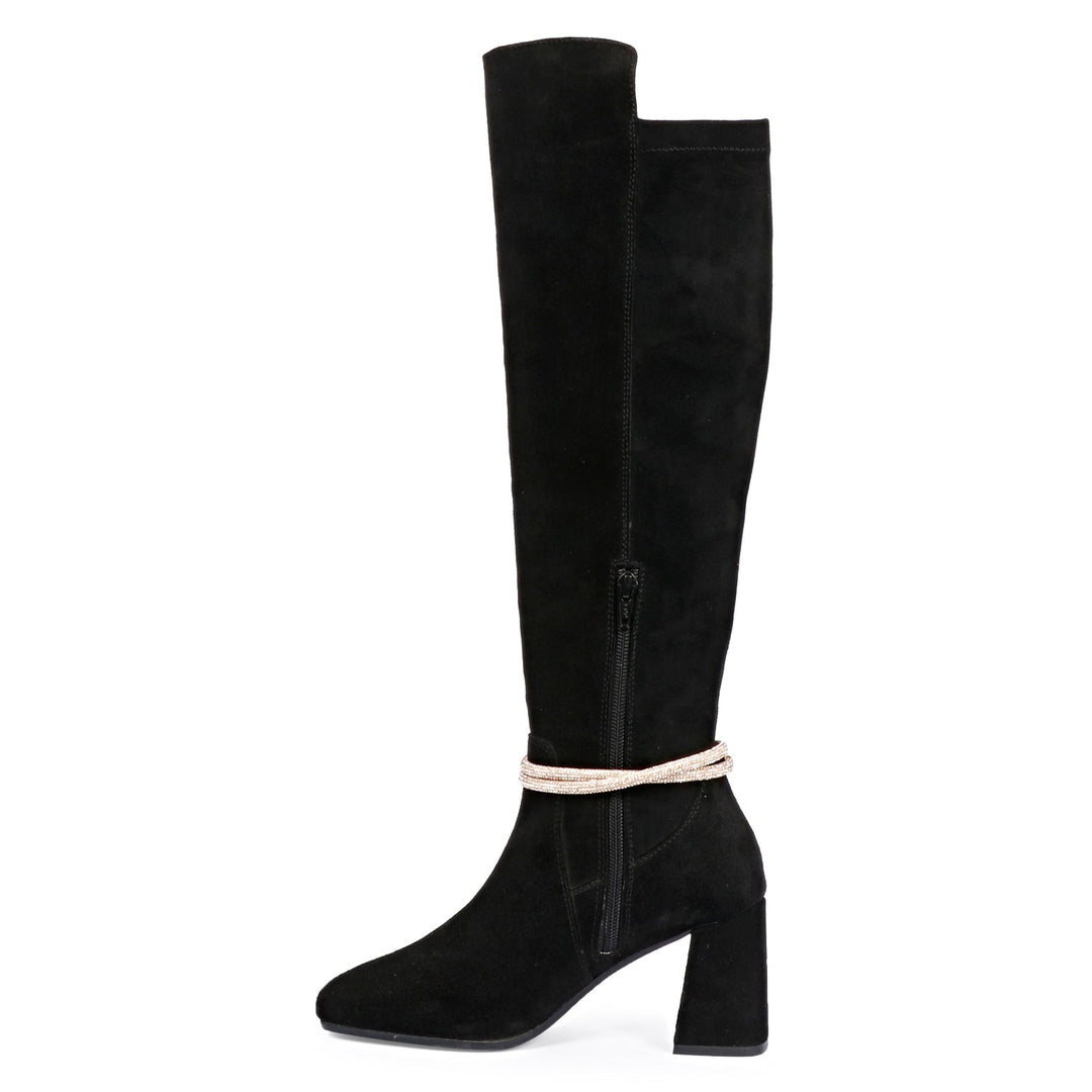 Saint Lumina Golden Cord String Black Leather Knee High Boots