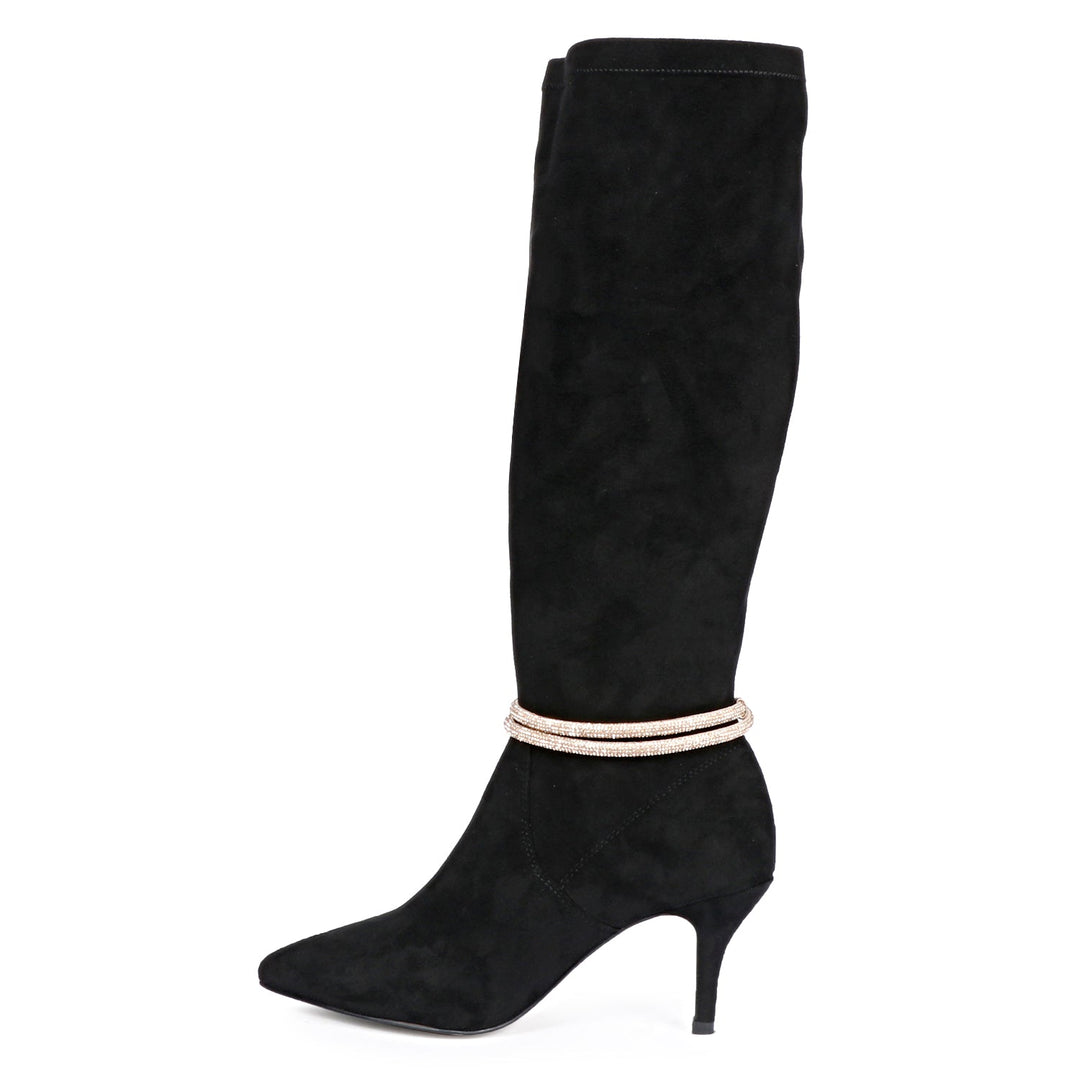 Saint Lumina Golden Cord String Black Stretch Suede Long Boots