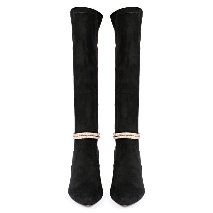 Saint Lumina Golden Cord String Black Stretch Suede Long Boots