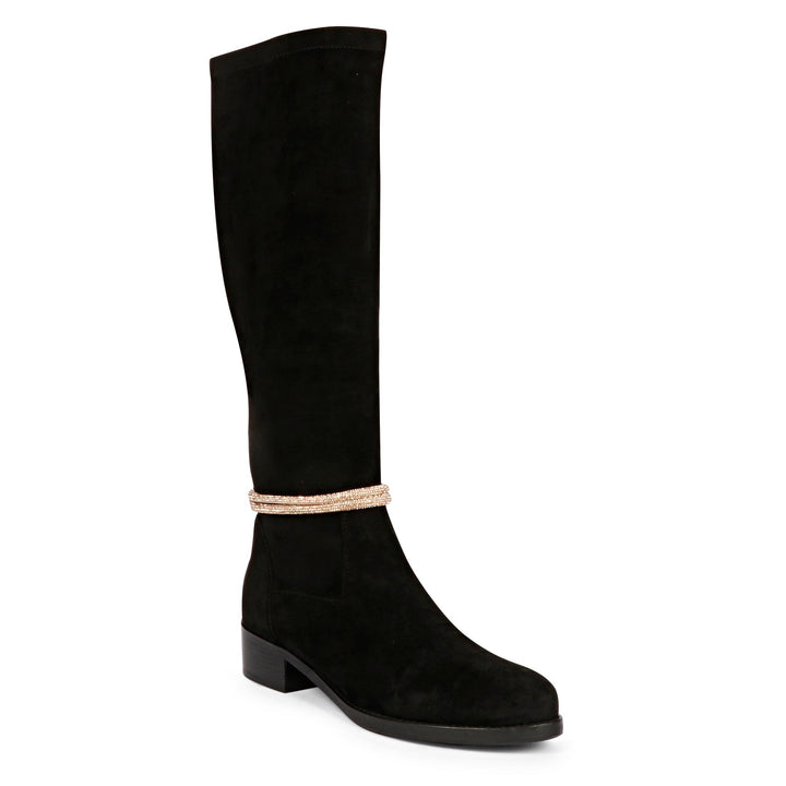 Saint Marisa Golden Cord String Black Stretch Suede Long Boots