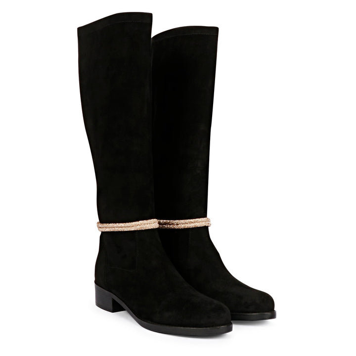 Saint Marisa Golden Cord String Black Stretch Suede Long Boots