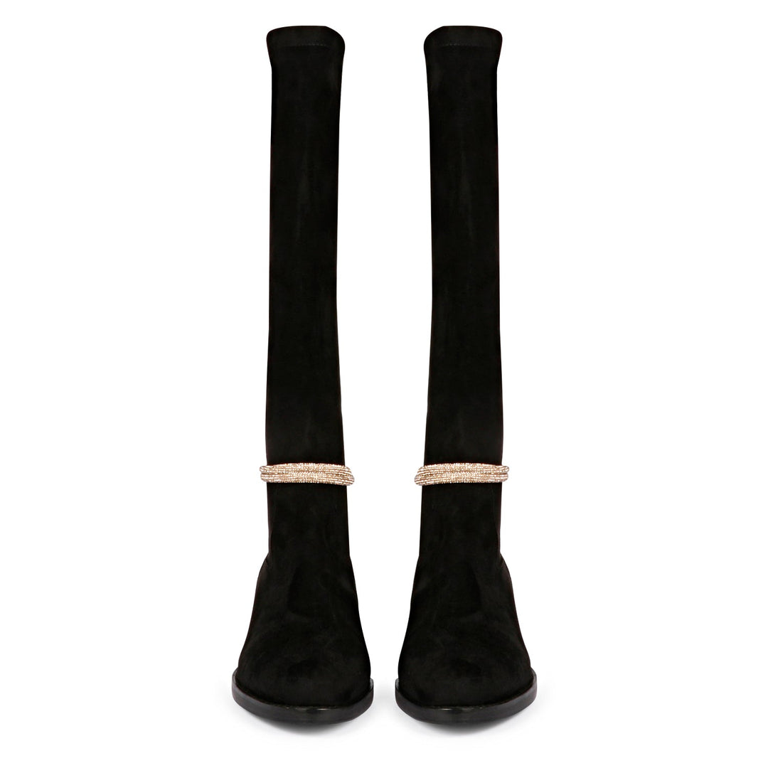 Saint Marisa Golden Cord String Black Stretch Suede Long Boots