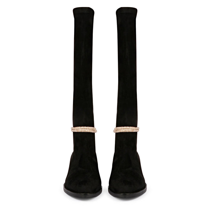 Saint Marisa Golden Cord String Black Stretch Suede Long Boots