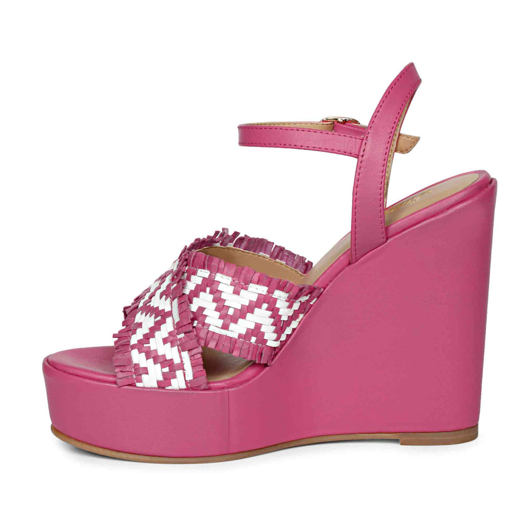 Saint Glenda Hand Woven Hot Pink Leather Wedge Heels