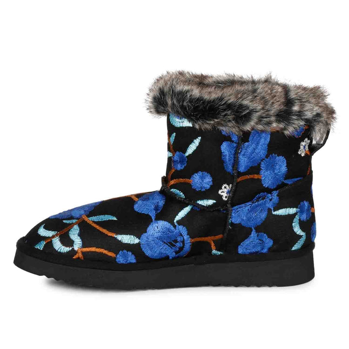 Clarisse Blue Floral Embroidered Suede Leather Snug Boots