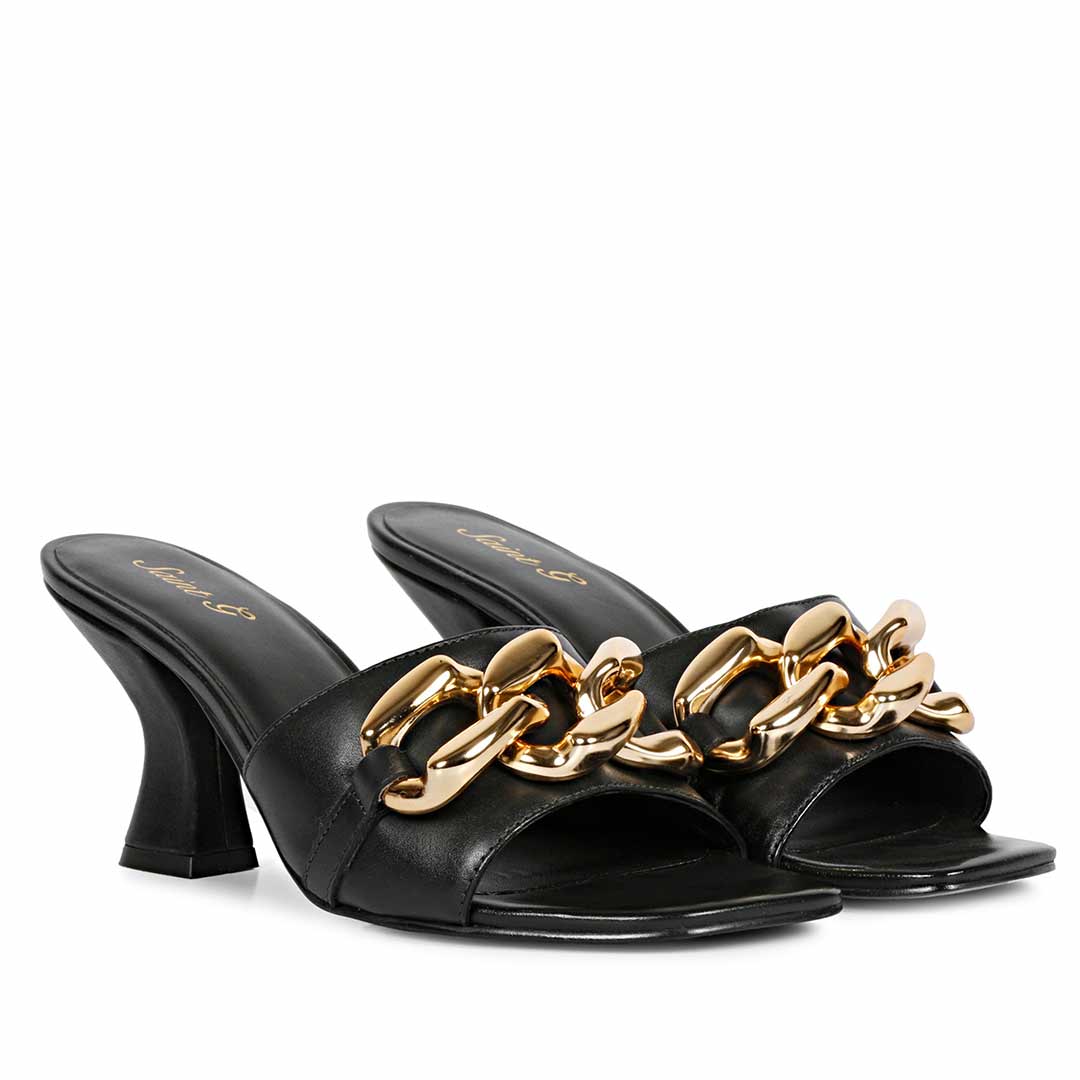 Saint Melissa Black Leather Metal Chain Embellished Heels