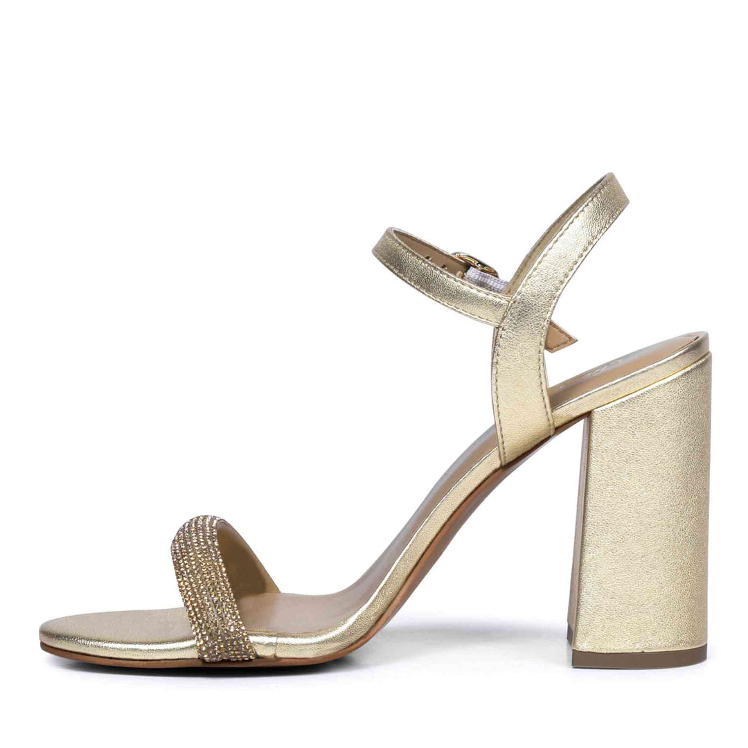 Saint Gracie Strass Embellished Metallic Gold Leather Block Heels