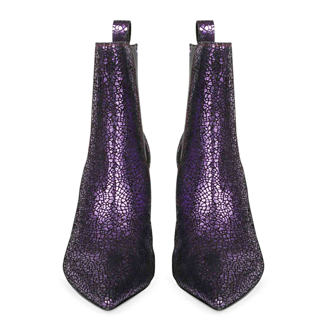 Purple leather kitten heel boots with a sleek and stylish design, perfect for adding a pop of color to your outfit