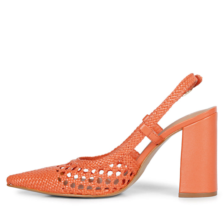 Orange Hand Woven Leather Block Heels