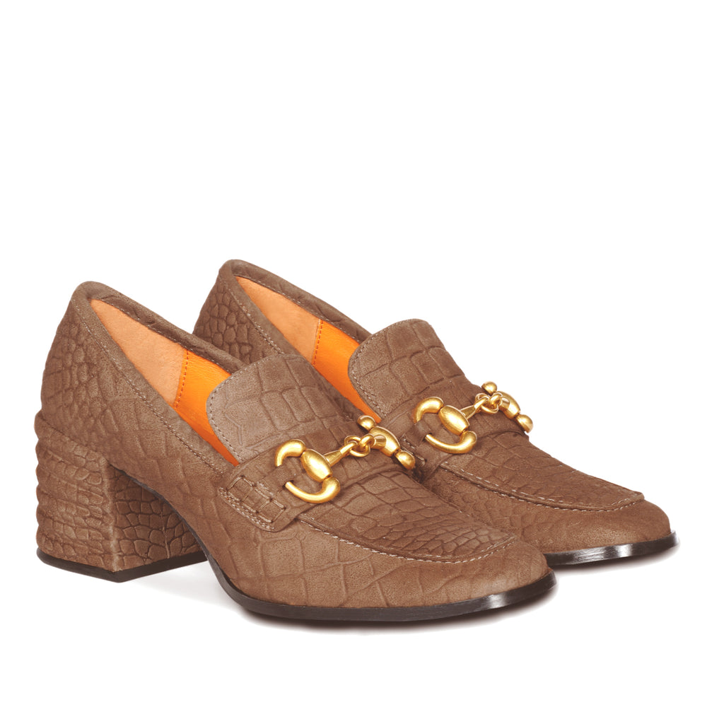Brown Croco Embossed Leather Moccasins for women
