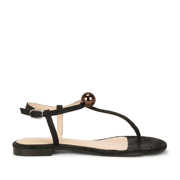 Saint Ventana Metal Ball Embellished Metallic Black Leather Flat