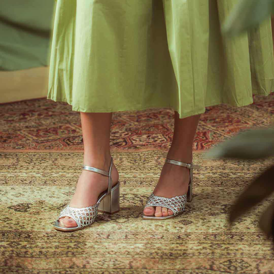 Saint Hana Silver Hand Woven Leather Block Heels