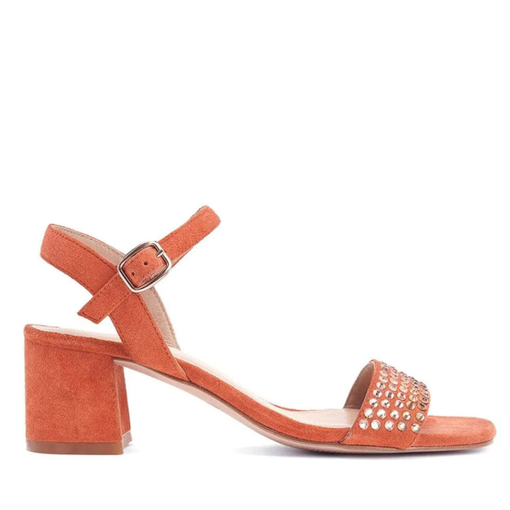 Stone Embellished Orange Leather Block Heels for women