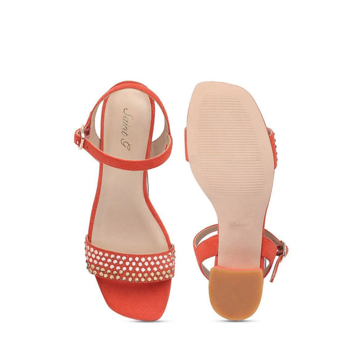 Saint Anete Stone Embellished Orange Leather Block Heels