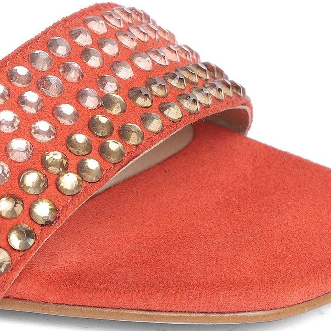 Saint Anete Stone Embellished Orange Leather Block Heels