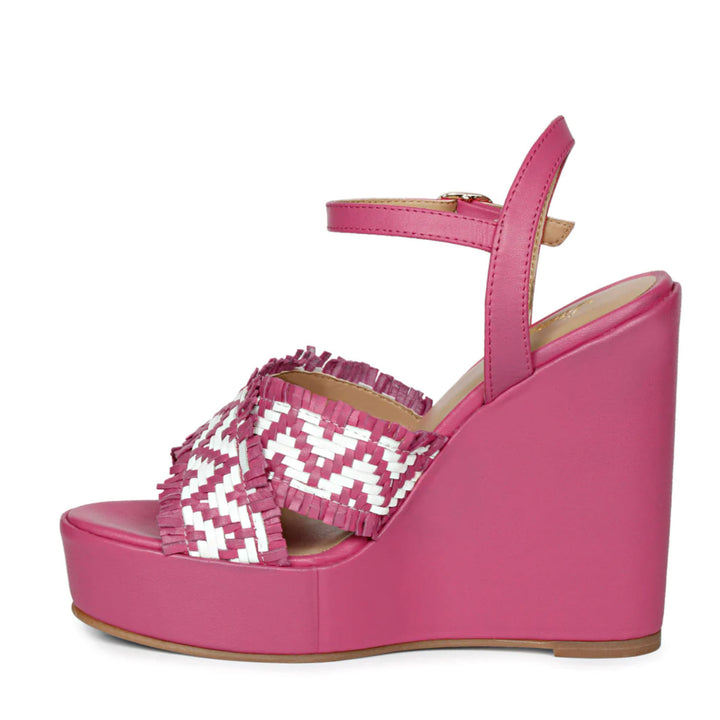 Hand Woven Hot Pink Leather Wedge Heels