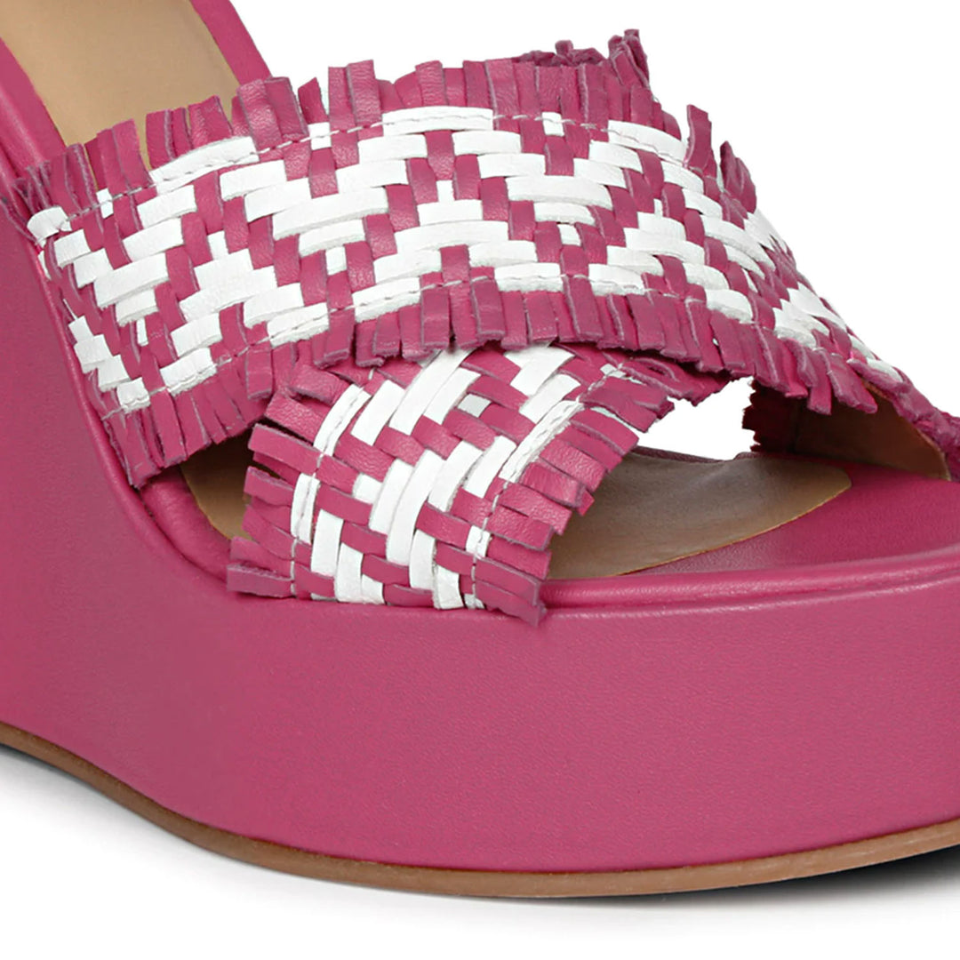 Hand Woven Hot Pink Leather Wedge Heels