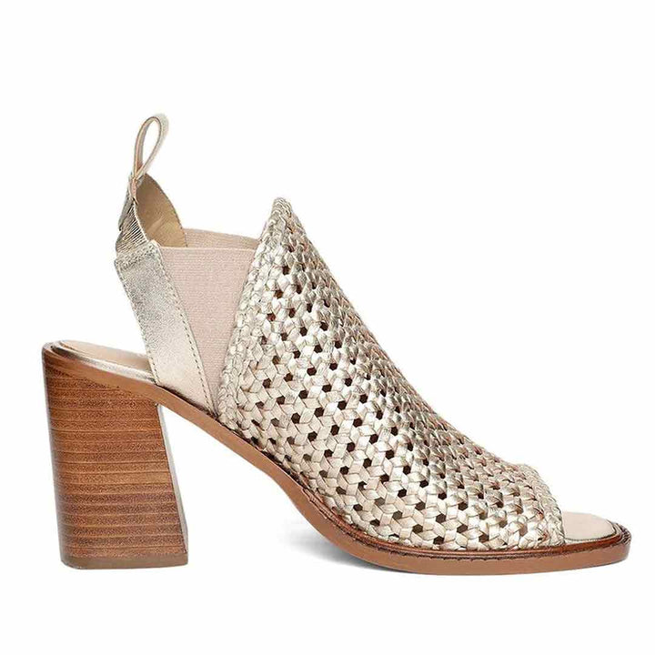 Saint Bella Platin Leather Handcrafted Woven Open Toe Block Heel