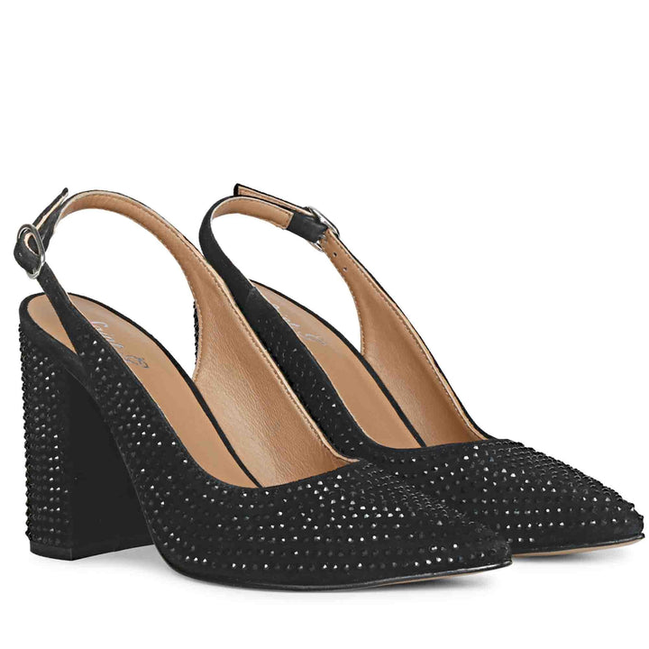 Elegant black leather heels with Alyssa crystal accents