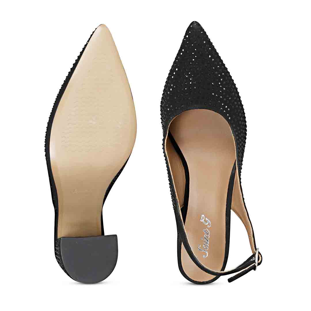 Elegant black leather heels with Alyssa crystal accents